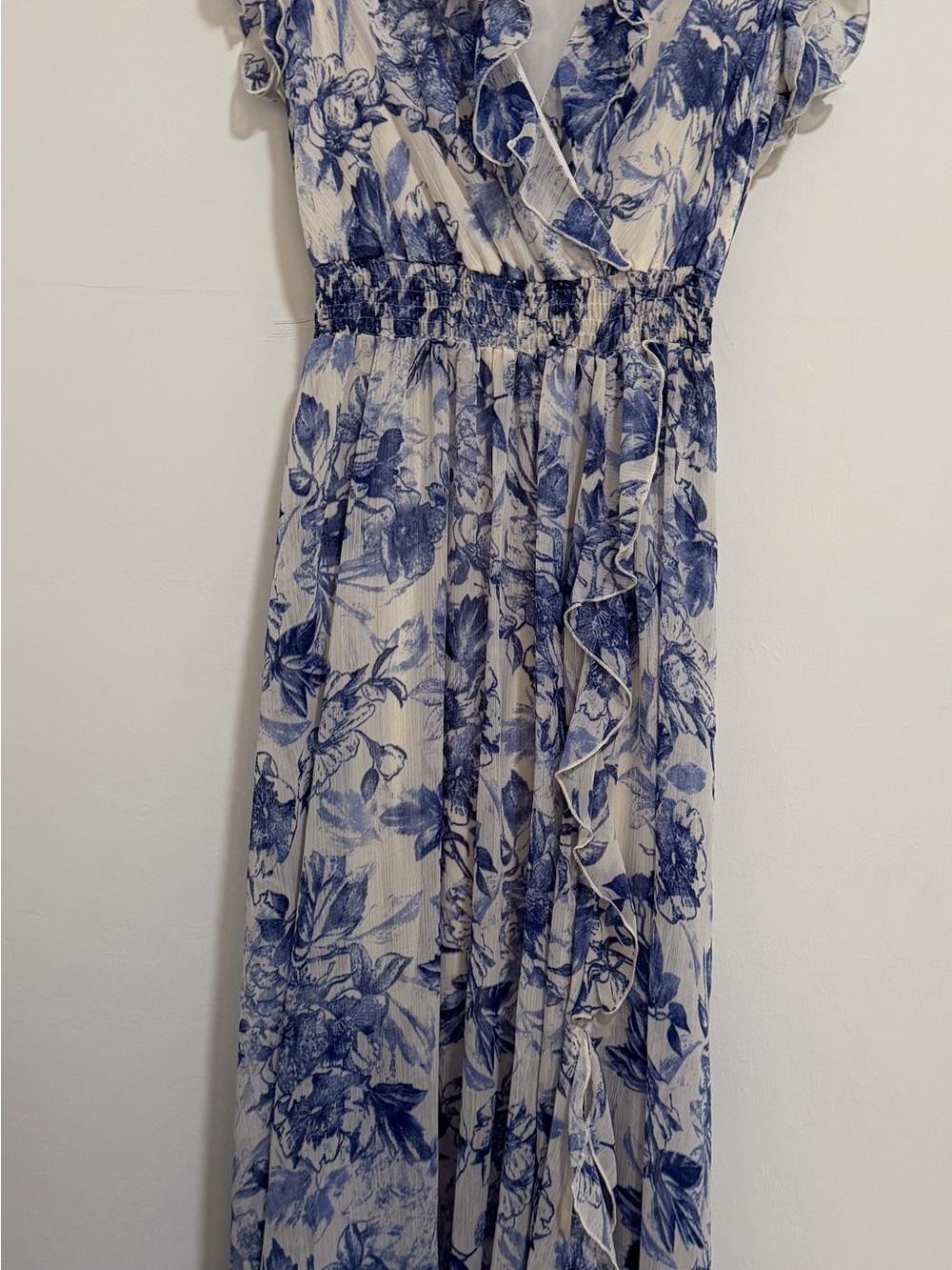 Blue Floral Ruffle Wrap Maxi Dress with Smocked Waist